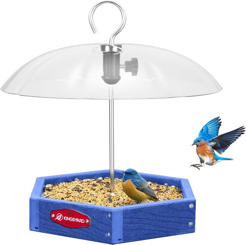 Kingsyard Large Platform Bird Feeder Outdoor Hanging, Adjustable Dome Squirrel Proof Rain Cover, Metal Mesh Tray Recycled Plastic Wild Bird Seed Feeding Station, Blue - Image 1